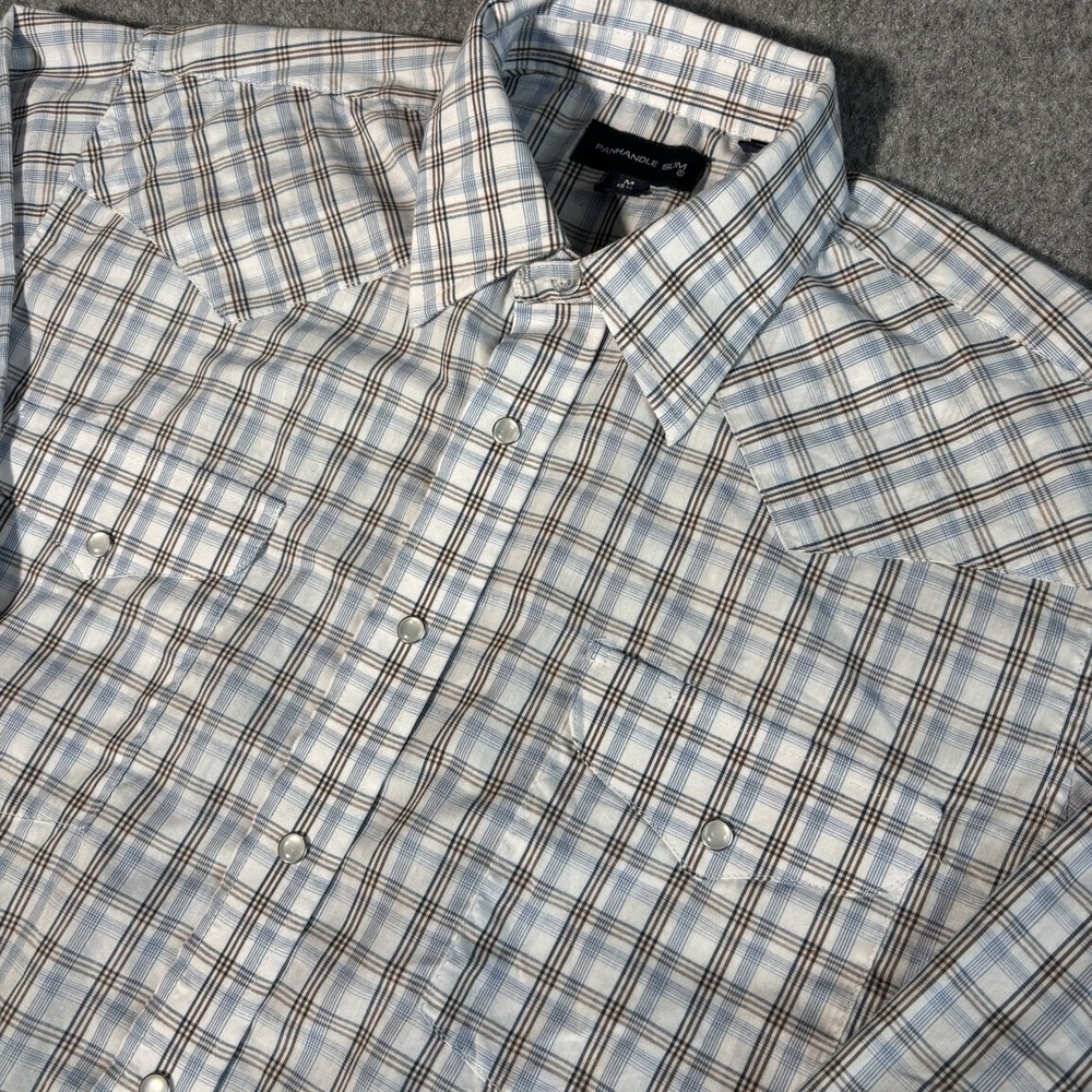Panhandle Pearl Snap Shirt‎ Mens Medium Slim Fit Long Sleeve Blue Brown Western